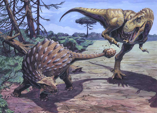 Ankylosaurus attacking Tyrannosaurus rex with its tail